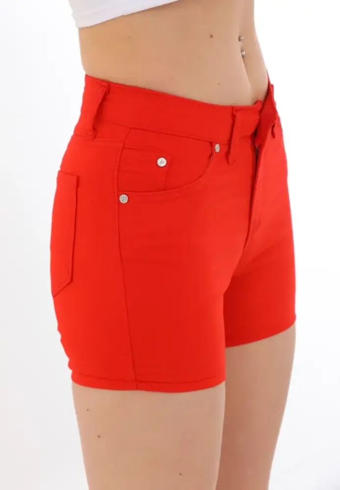 Blugi scurți damă de vară – elastici, mulați, cu buzunare la spate-rosu Engros